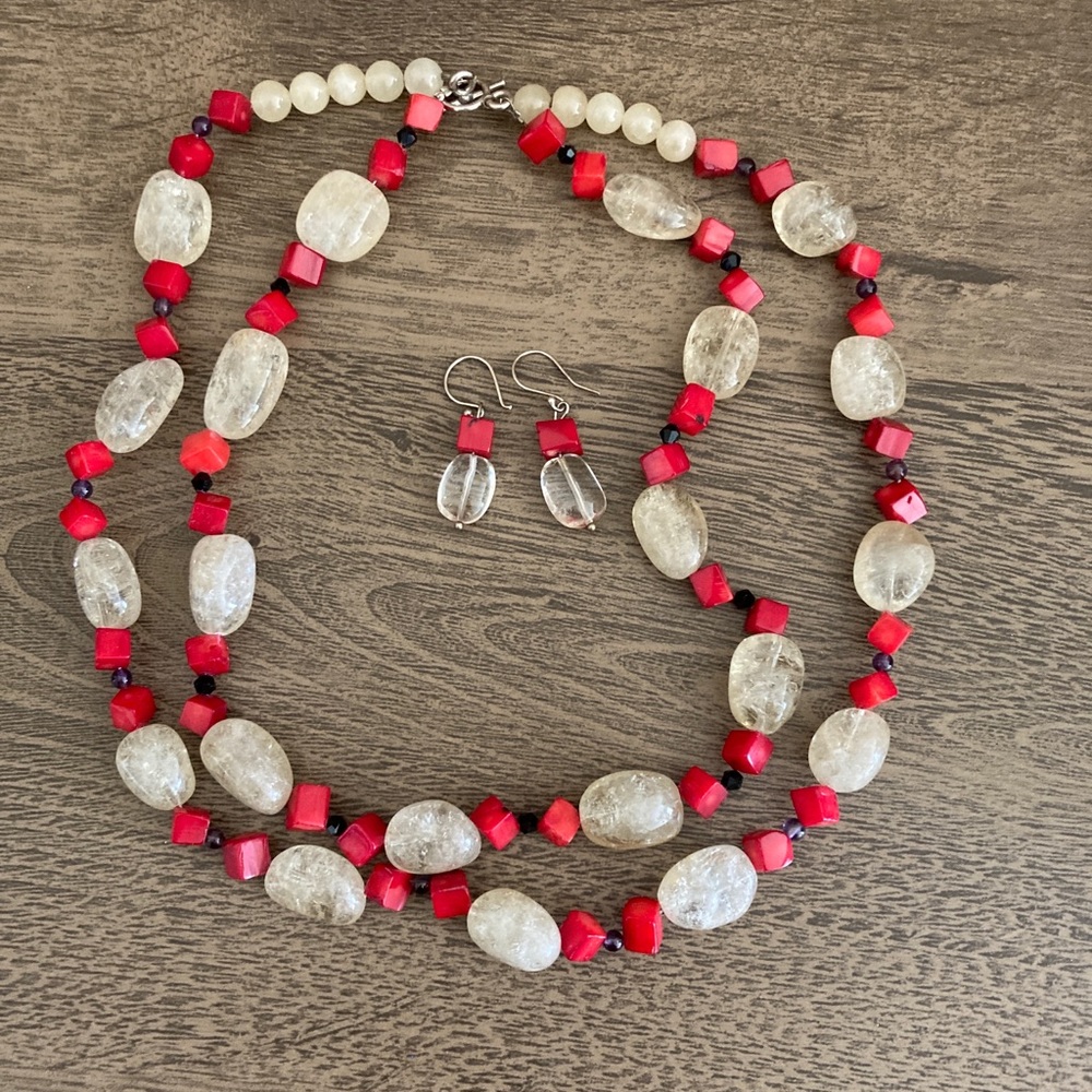 Citrine Coral 925 Stearling Necklace Earrings Set
